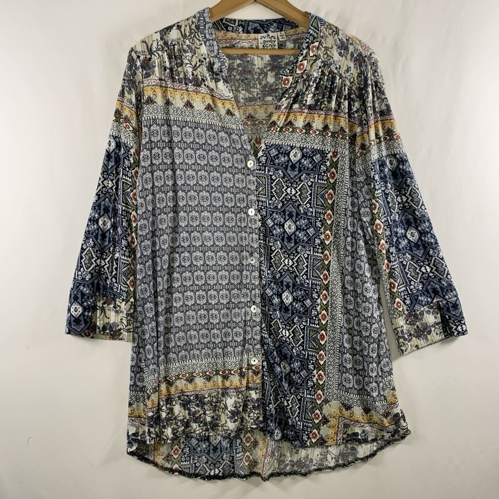 Parsley & Sage Womens Patchwork Print Knit Button Tunic Top Sz L Boho Relaxed